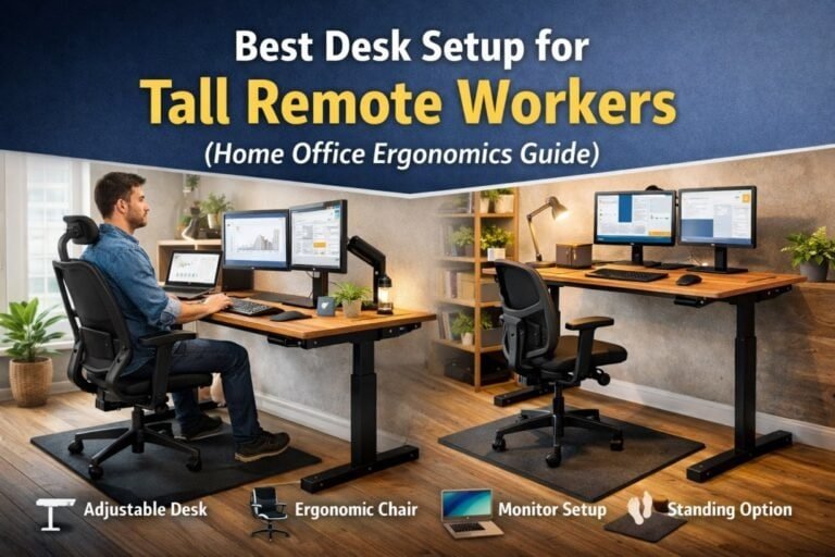 Best desk setup for tall remote workers with ergonomic chair, adjustable desk, and monitor setup