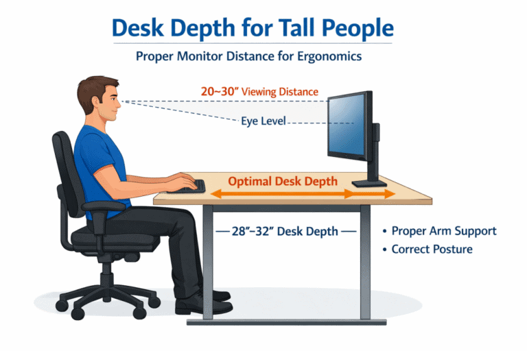 Desk depth measurement showing proper monitor distance for tall people