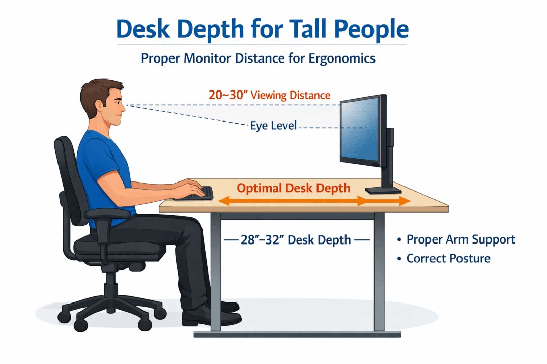 Desk depth measurement showing proper monitor distance for tall people