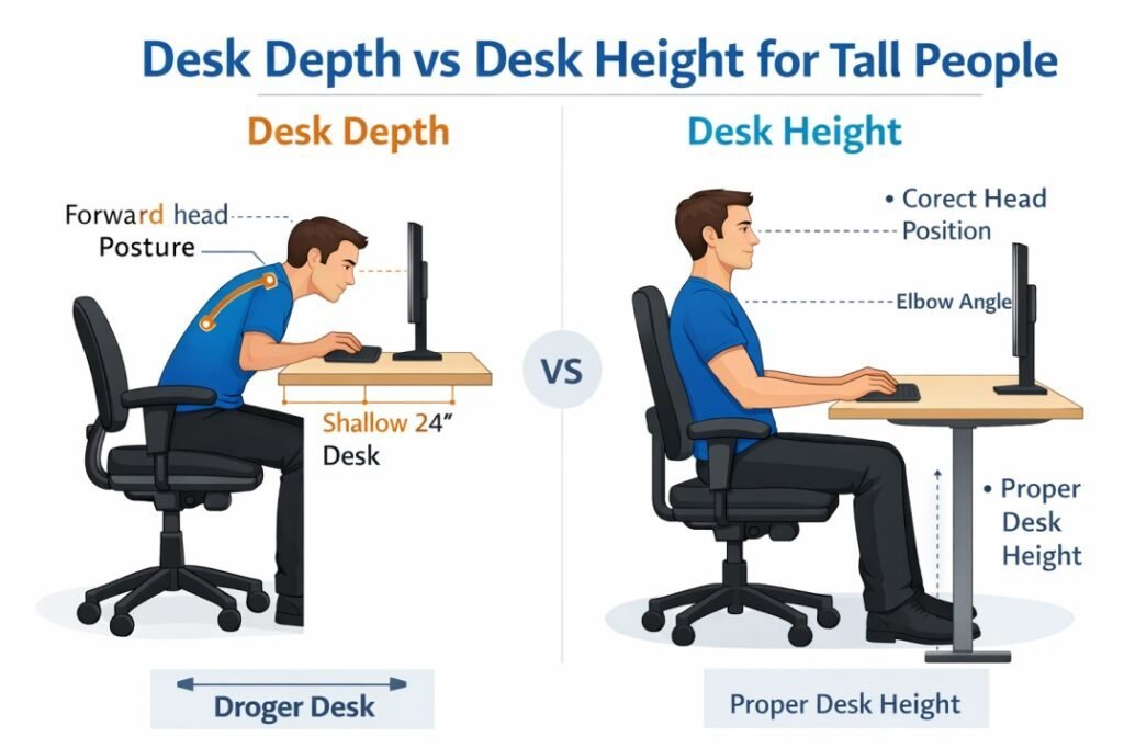 Comparison of desk depth vs desk height for tall people ergonomics