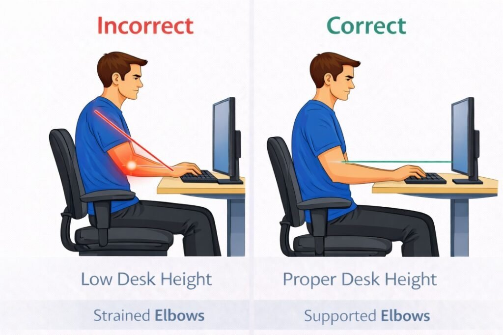 desk setup causing elbow pain for tall people