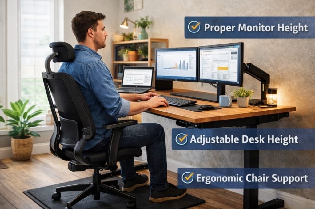 Home office desk setup for tall remote workers with proper monitor height and chair support
