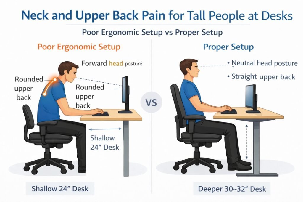 neck and upper back pain for tall people at desks
