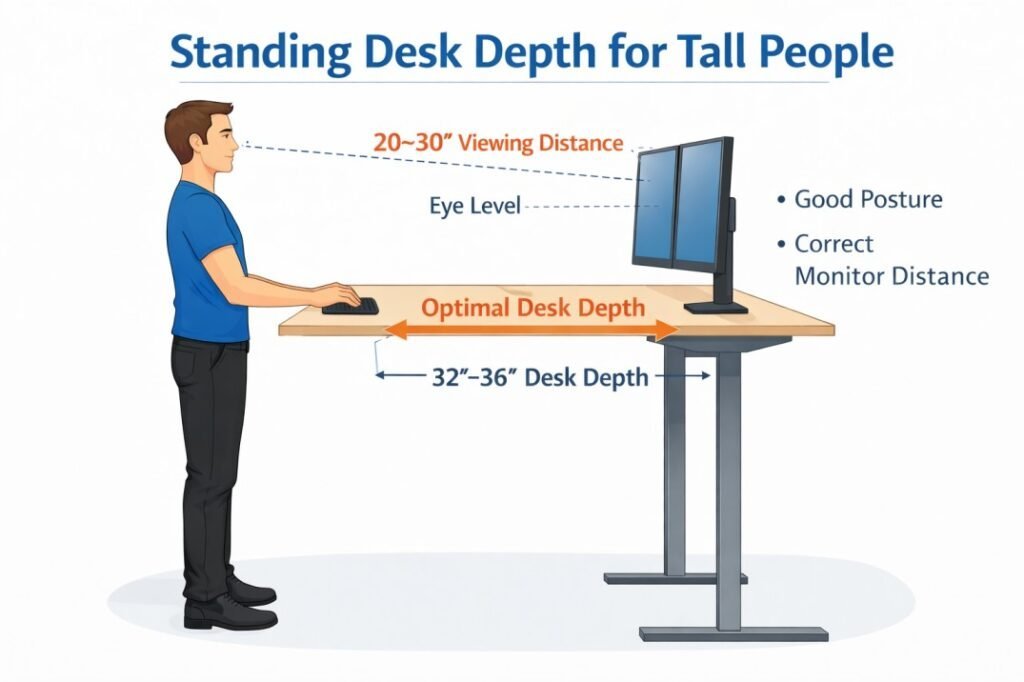 Ideal standing desk depth for tall people with monitor placement