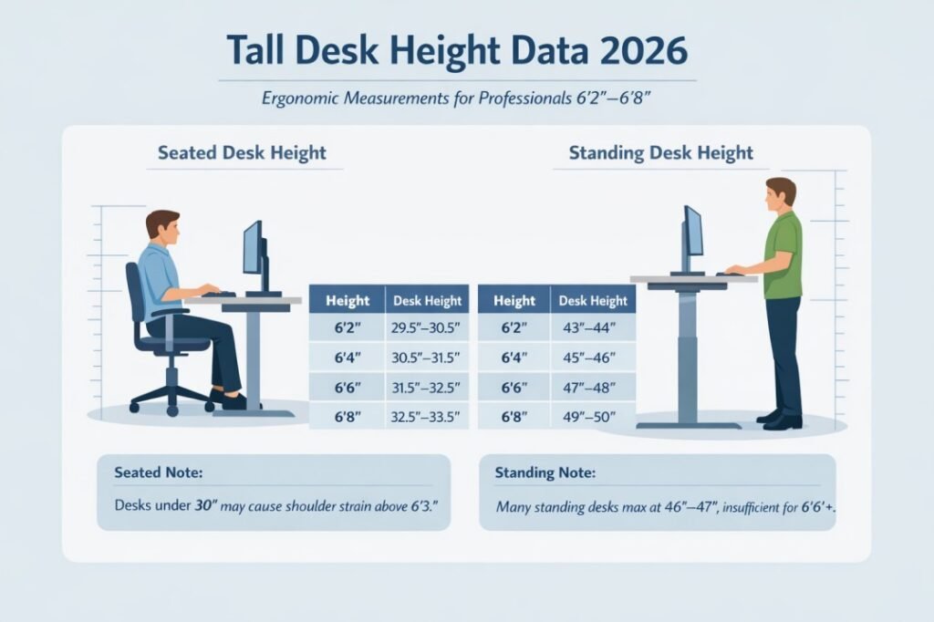 tall desk height data 2026 chart showing seated and standing measurements for professionals 6 foot 2 to 6 foot 8